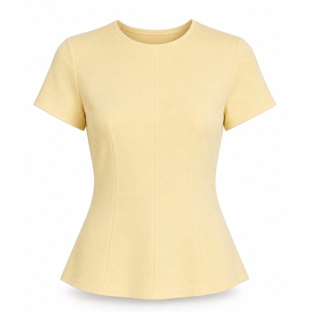 H&M Women Pale Yellow Scuba Stretch Princess Seam Fitted Short Sleeve Top XS